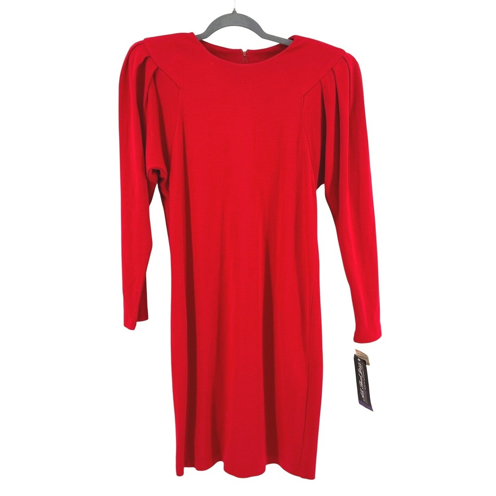 All That Jazz Knit Dress Womens 7/8 Red Solid Puff Shoulder Slim Fit 80s Vintage